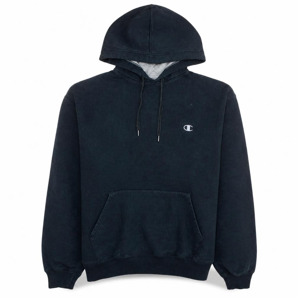 Front view of Champion Men's Black Pullover Hoodie, size L, Classic Fleece Sweatshirt