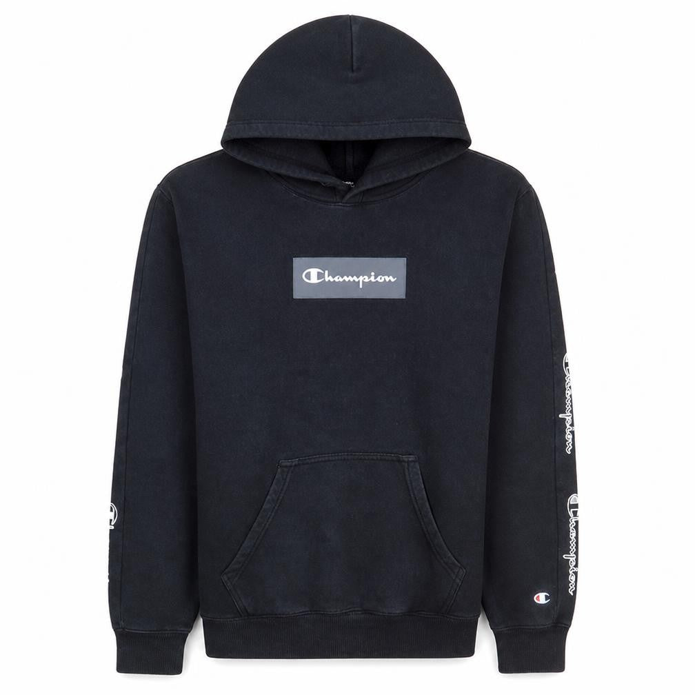 Front view of Champion Men's Black Pullover Hoodie Small Logo Fleece Sweatshirt
