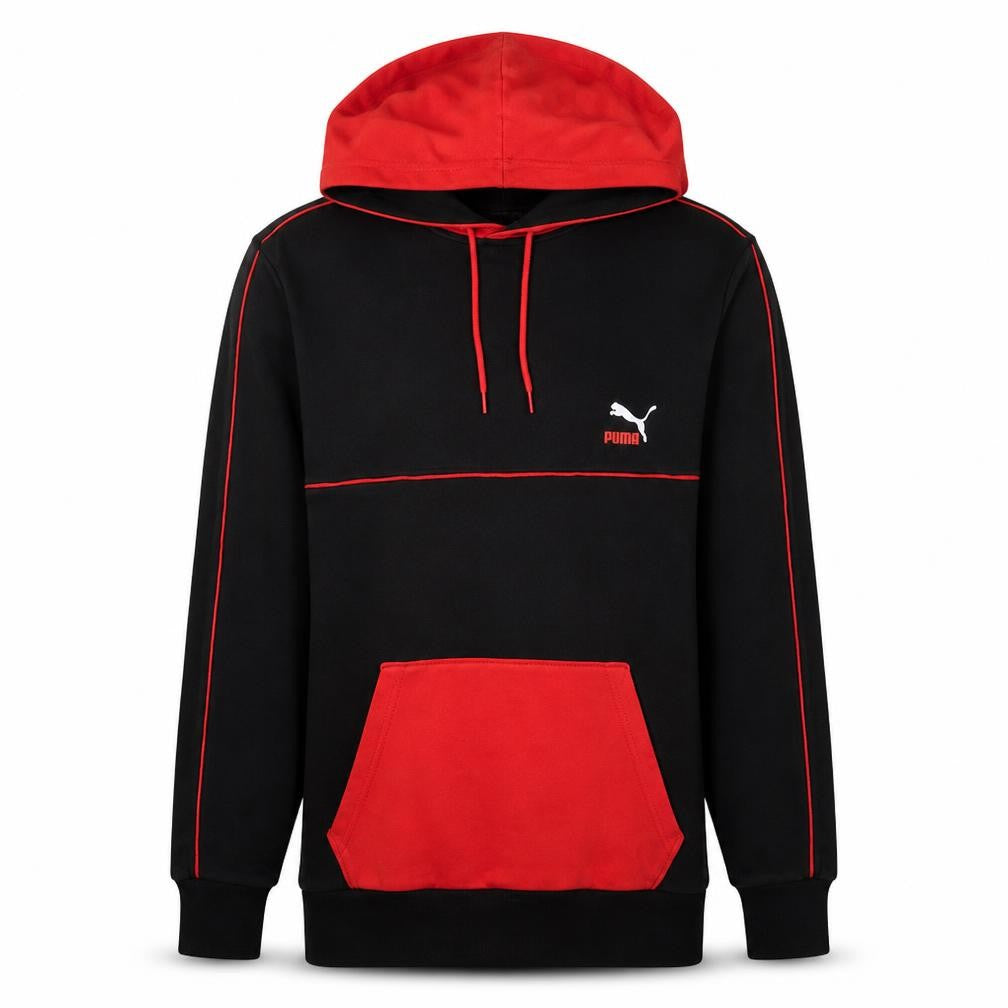 Front view of Puma men’s black red pullover hoodie, size S, logo fleece sweatshirt
