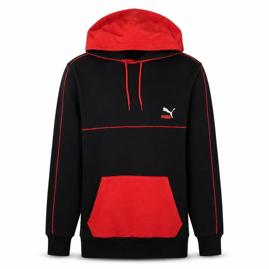 Front view of Puma men’s black red pullover hoodie, size S, logo fleece sweatshirt