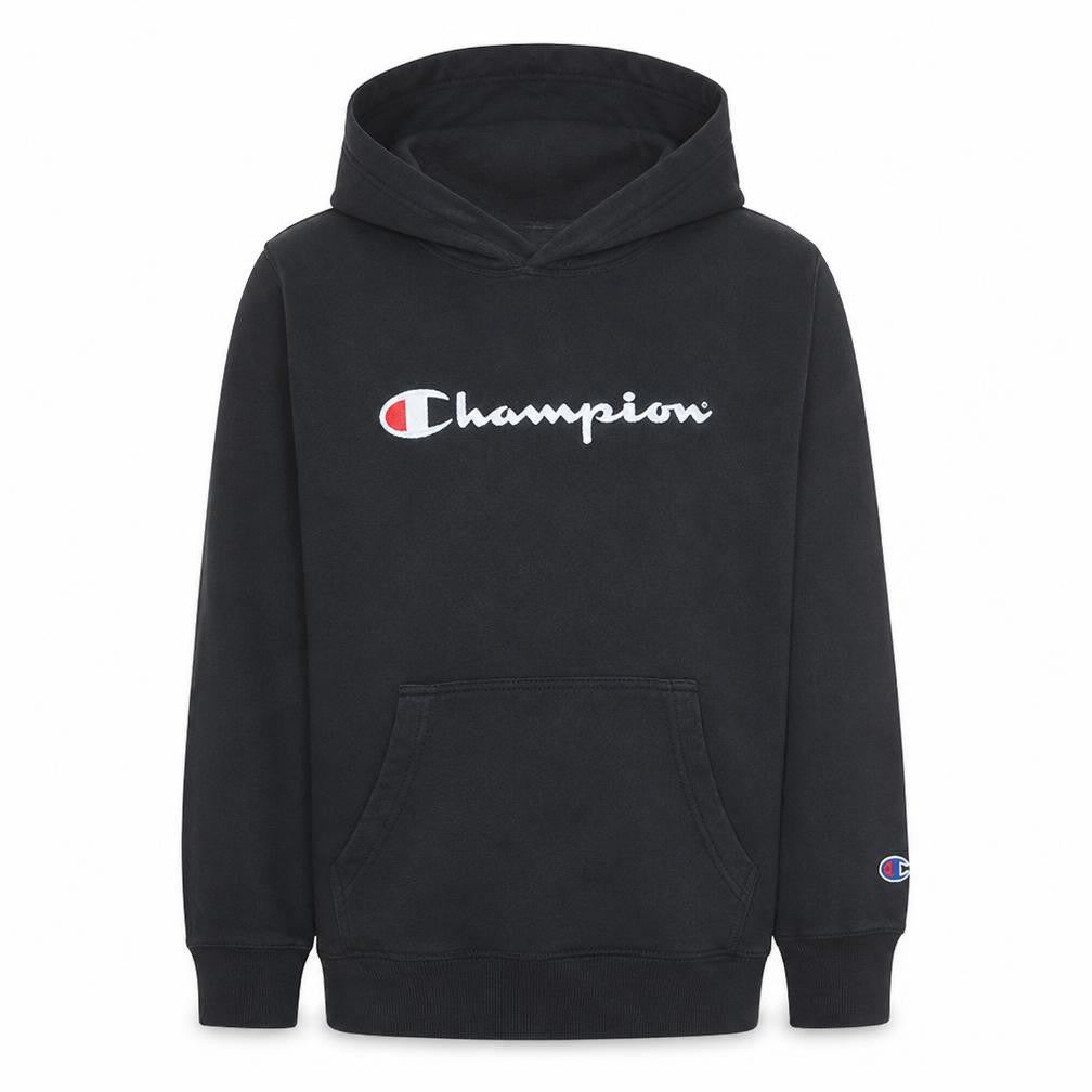 Front view of Champion boys’ black pullover hoodie junior 12 cotton blend casual