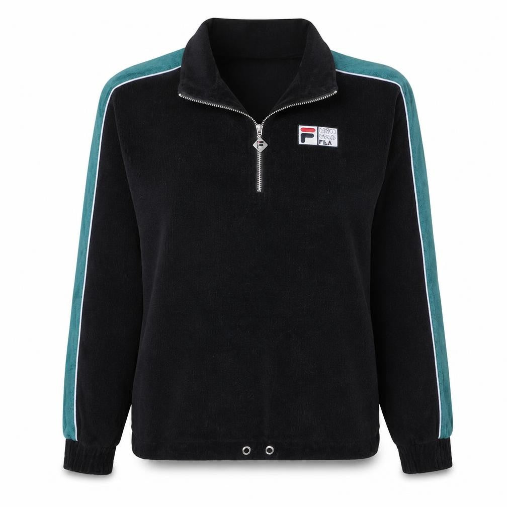 Front view of Fila Women Black Green 1/2 Zip Pullover Sweatshirt, size S