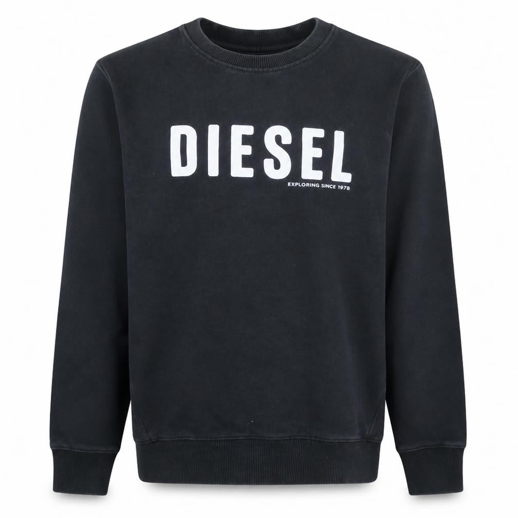 Front view of Diesel men’s black medium crew neck pullover sweatshirt