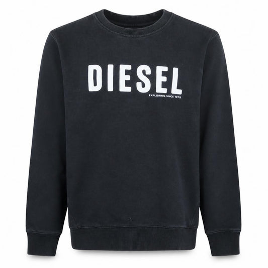 Front view of Diesel men’s black medium crew neck pullover sweatshirt