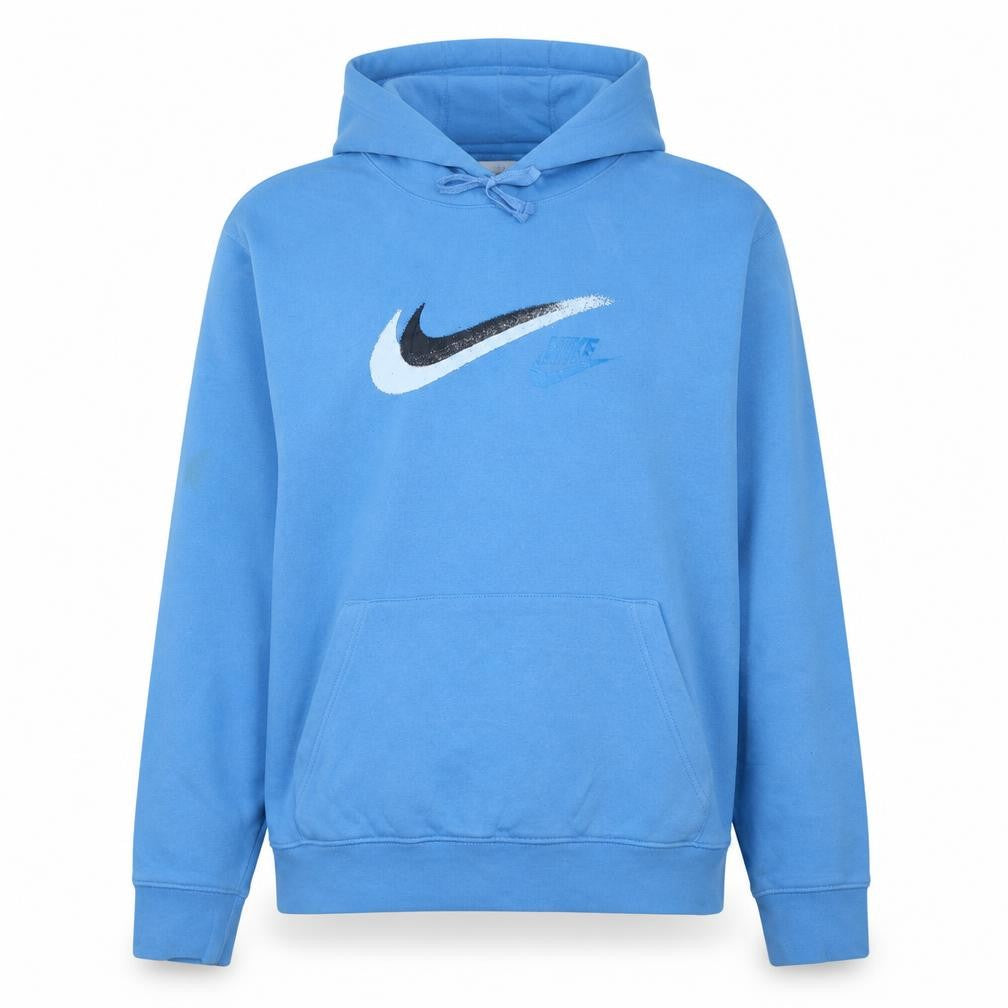 Front view of Nike women’s blue xl pullover hoodie with logo print