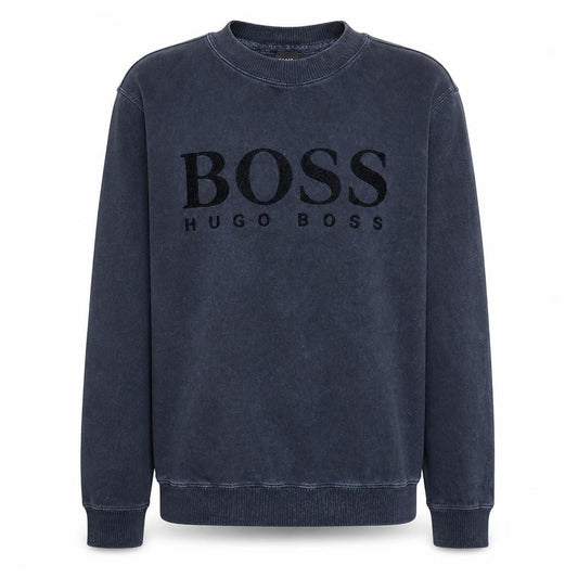 Front view of Hugo Boss Men's Blue Logo Crew Neck Cotton Sweatshirt M