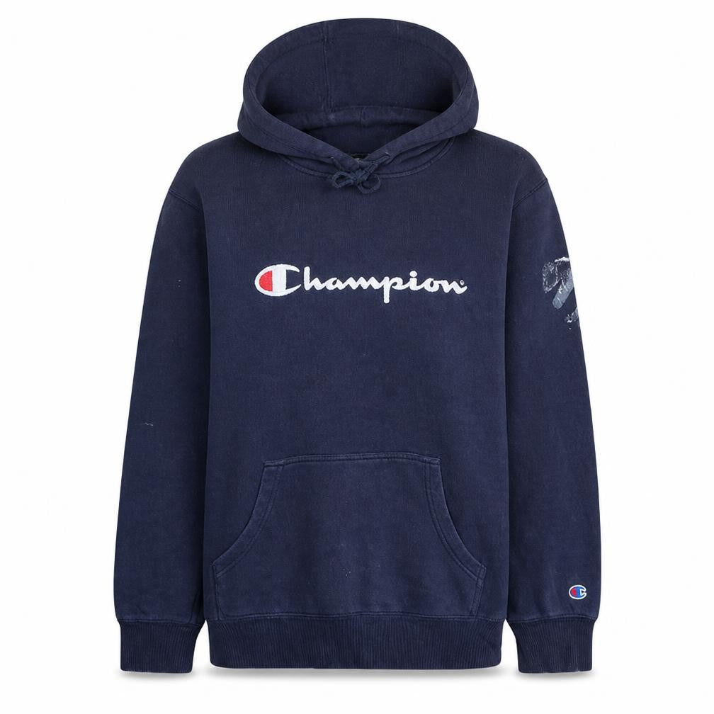 Front view of Champion Men's Navy Blue Pullover Hoodie L Logo Athleticwear