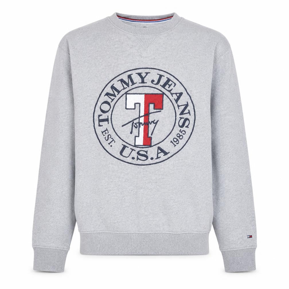 Front view of Tommy Jeans Men's Grey XS Crew Neck Logo Sweatshirt