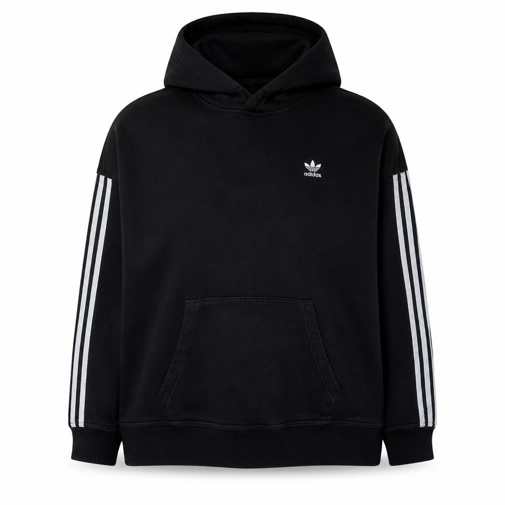 Front view of Adidas women’s black, size UK 14, pullover hoodie with stripe detail