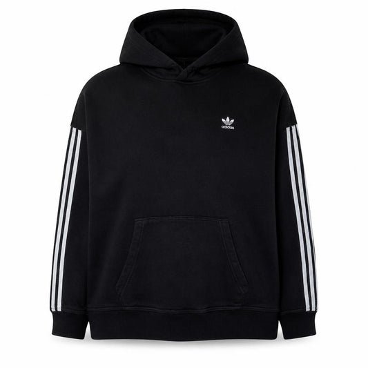 Front view of Adidas women’s black, size UK 14, pullover hoodie with stripe detail