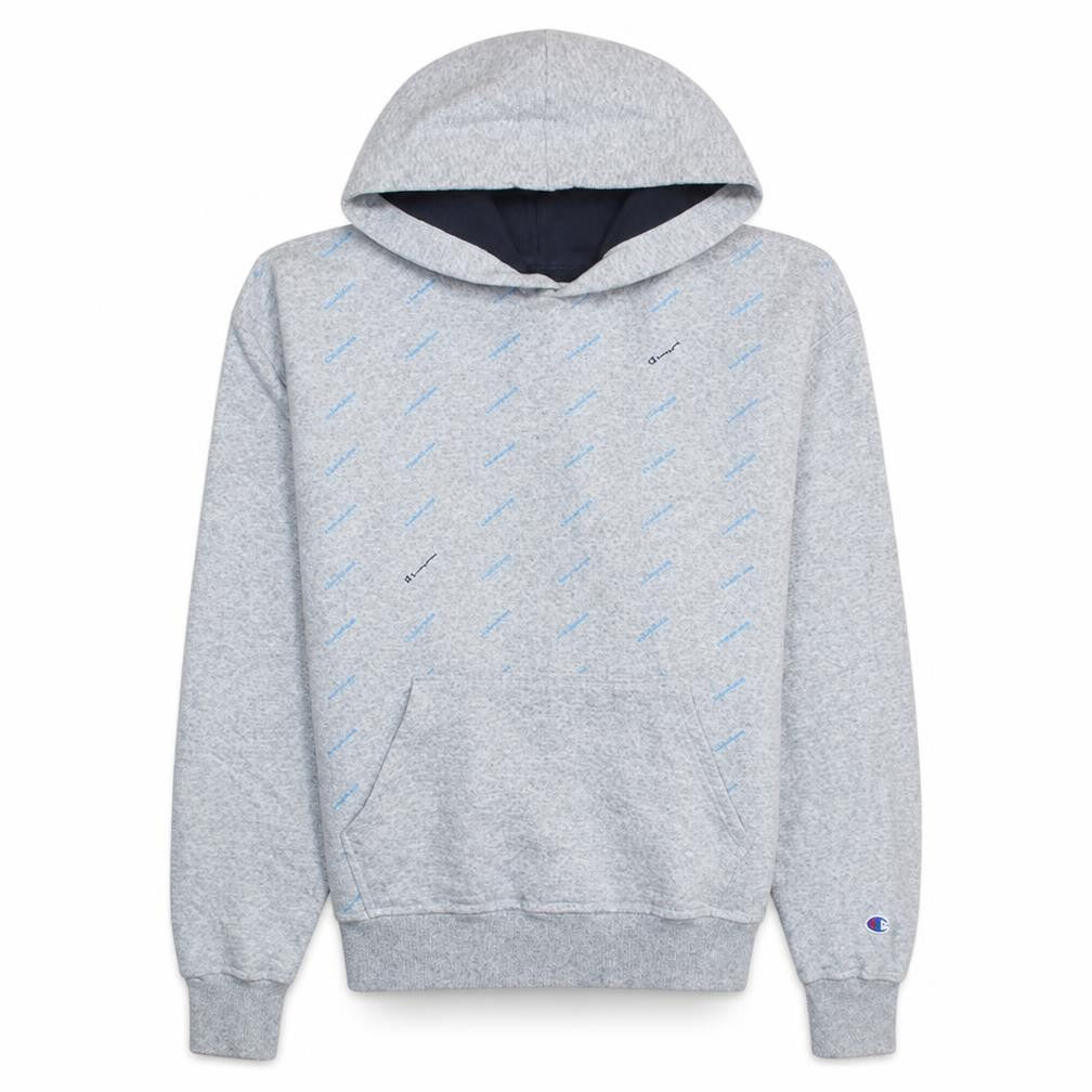 Front view of Champion men’s grey pullover hoodie l fleece logo sweatshirt