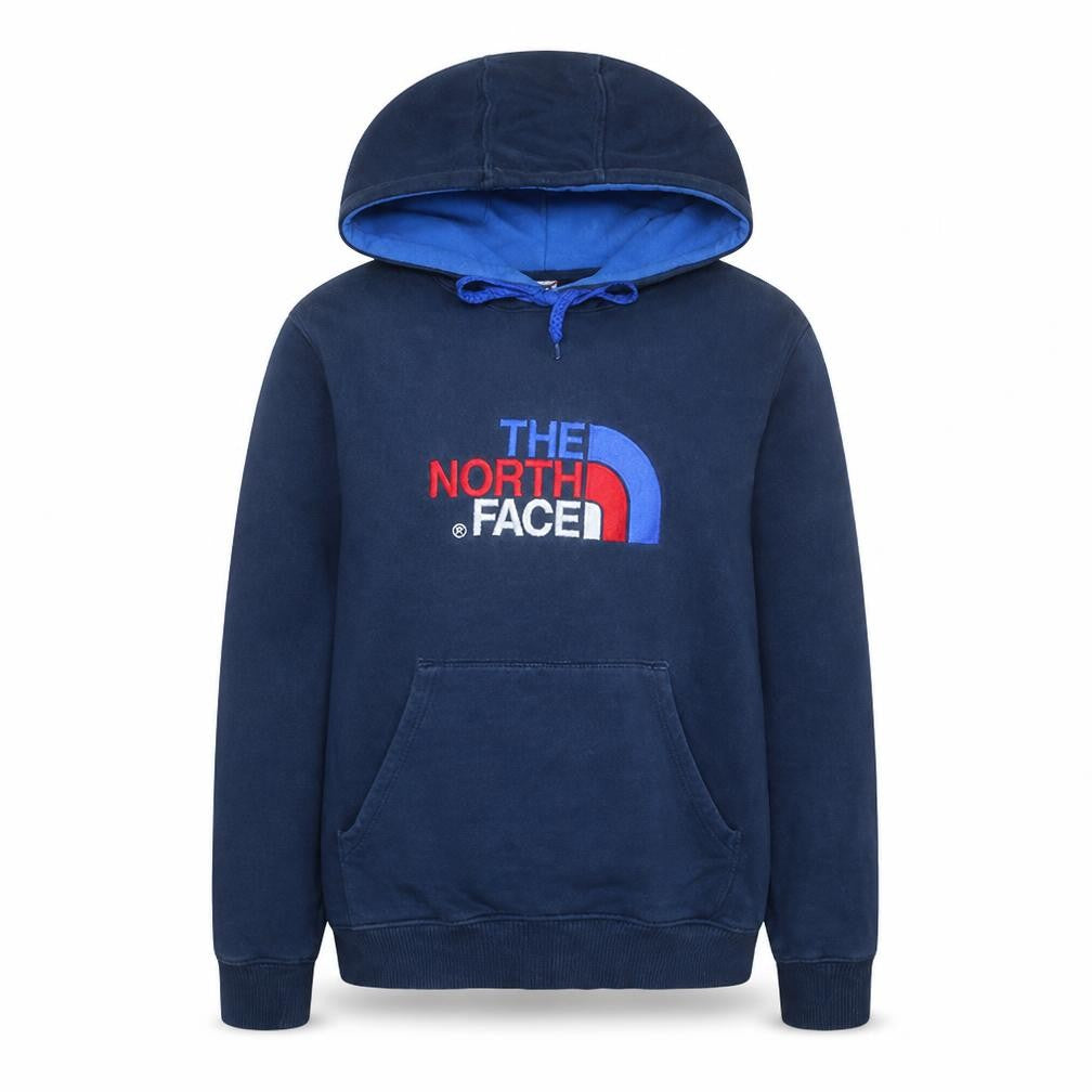 Front view of The North Face Men's Blue Pullover Hoodie Medium Cotton Logo
