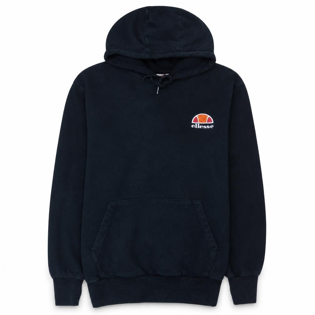 Front view of Ellesse men’s blue pullover hoodie, size L, logo fleece sweatshirt
