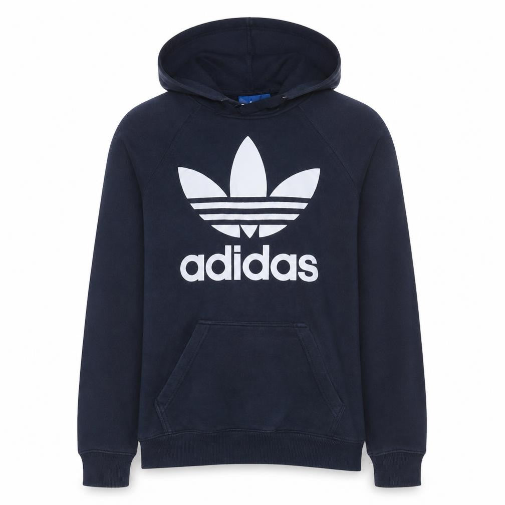 Front view of Adidas men’s blue xs pullover hoodie with trefoil logo