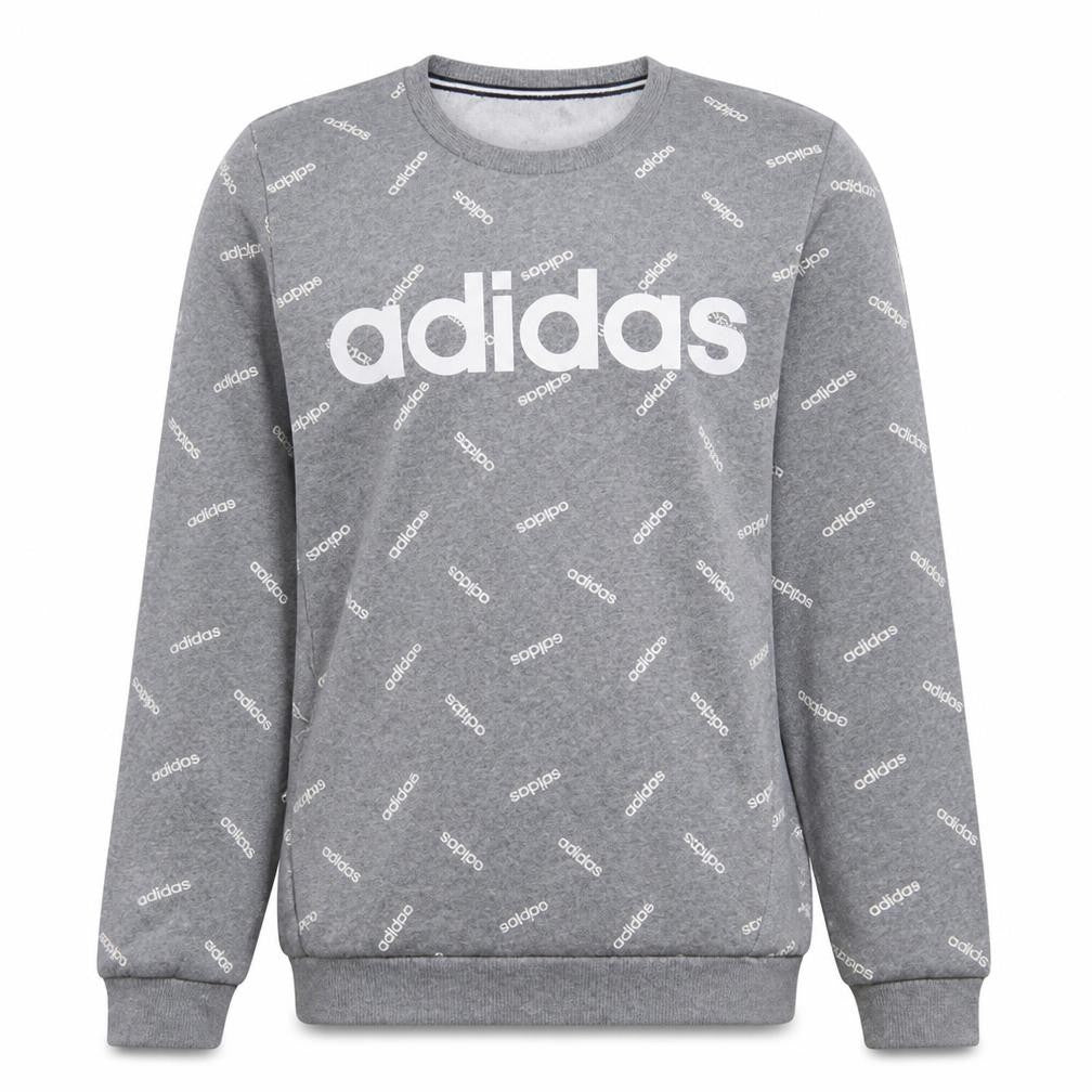 Front view of adidas men’s grey small logo crew neck pullover sweatshirt