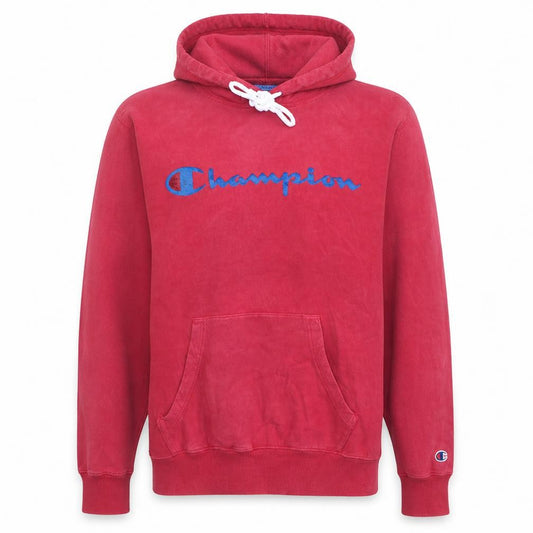 Front view of Champion Men's Red Pullover Hoodie Medium Logo Fleece Sweatshirt