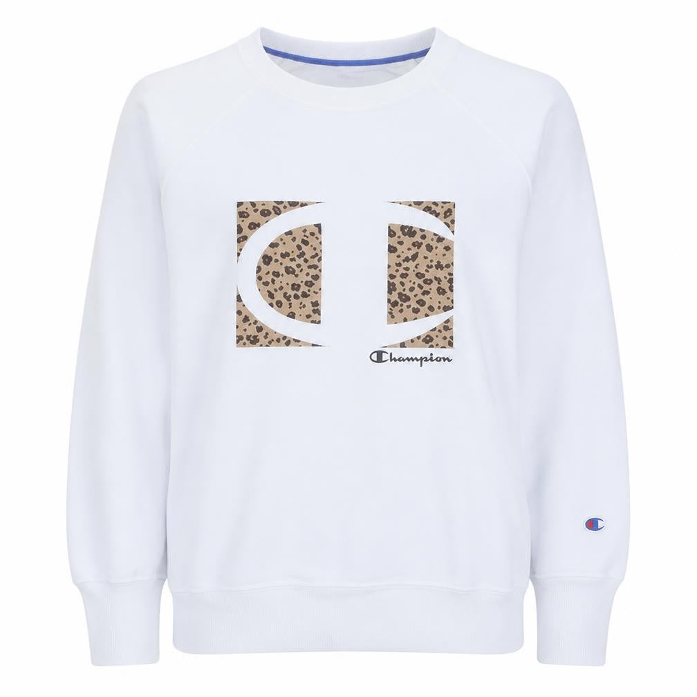 Front view of Champion women’s white leopard logo sweatshirt, size L
