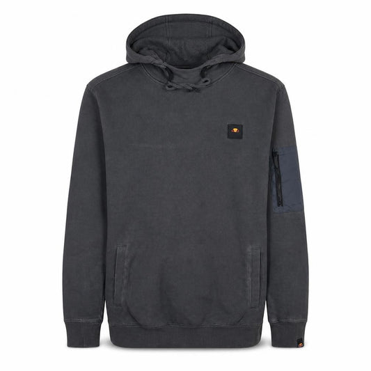 Front view of Ellesse men’s black pullover hoodie m cotton blend drawstring pocket