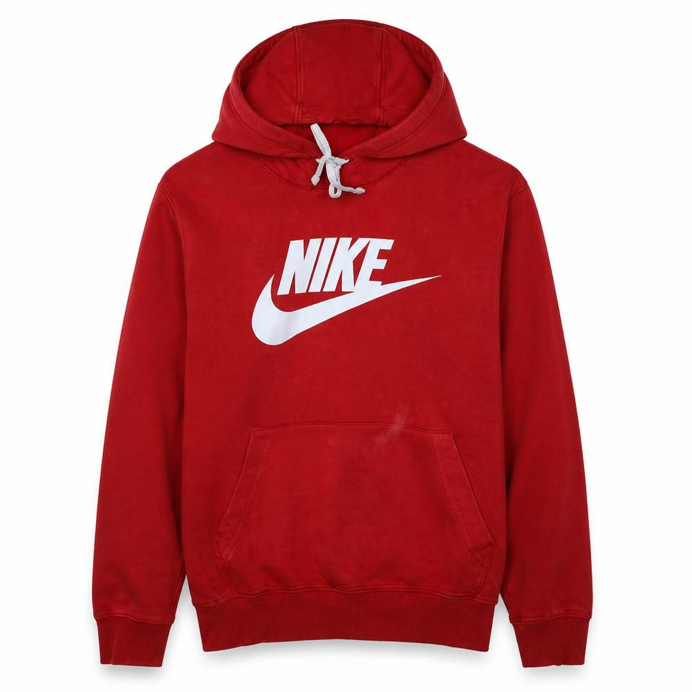 Front view of Nike men’s red pullover hoodie, size L, graphic fleece sweatshirt