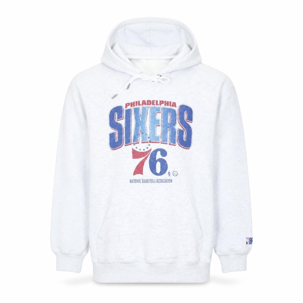 Front view of NBA Men's White Small Pullover Hoodie with Philadelphia 76ers Logo