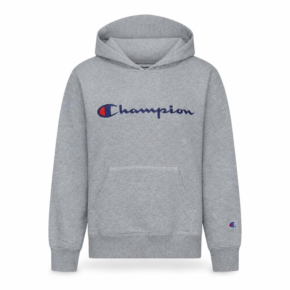 Front view of Champion women’s grey pullover hoodie medium athletic fit