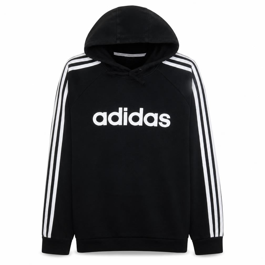 Front view of Adidas Men’s Black Pullover Hoodie M Logo 3-Stripes Sportswear