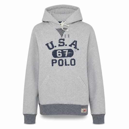 Front view of Polo Ralph Lauren women’s grey pullover hoodie, size S, classic usa 67 design