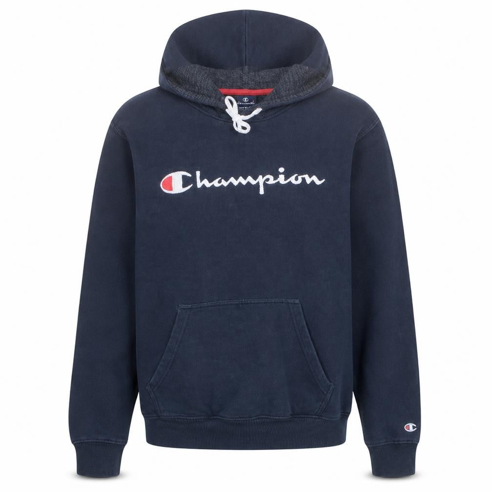 Front view of Champion Men's Blue Pullover Hoodie Medium Fleece Logo Sweatshirt