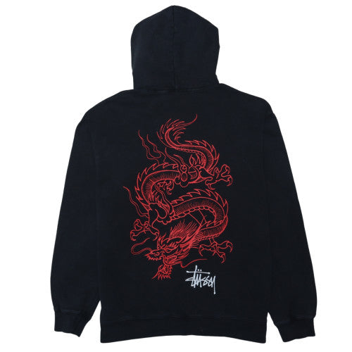 Stussy Mens Black XL Pullover Hoodie with Dragon Graphic Print