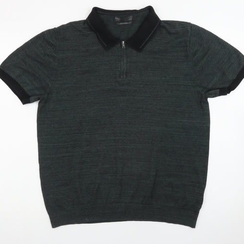 Marks and Spencer Men's Green XL Zip Neck Cotton Polo Shirt