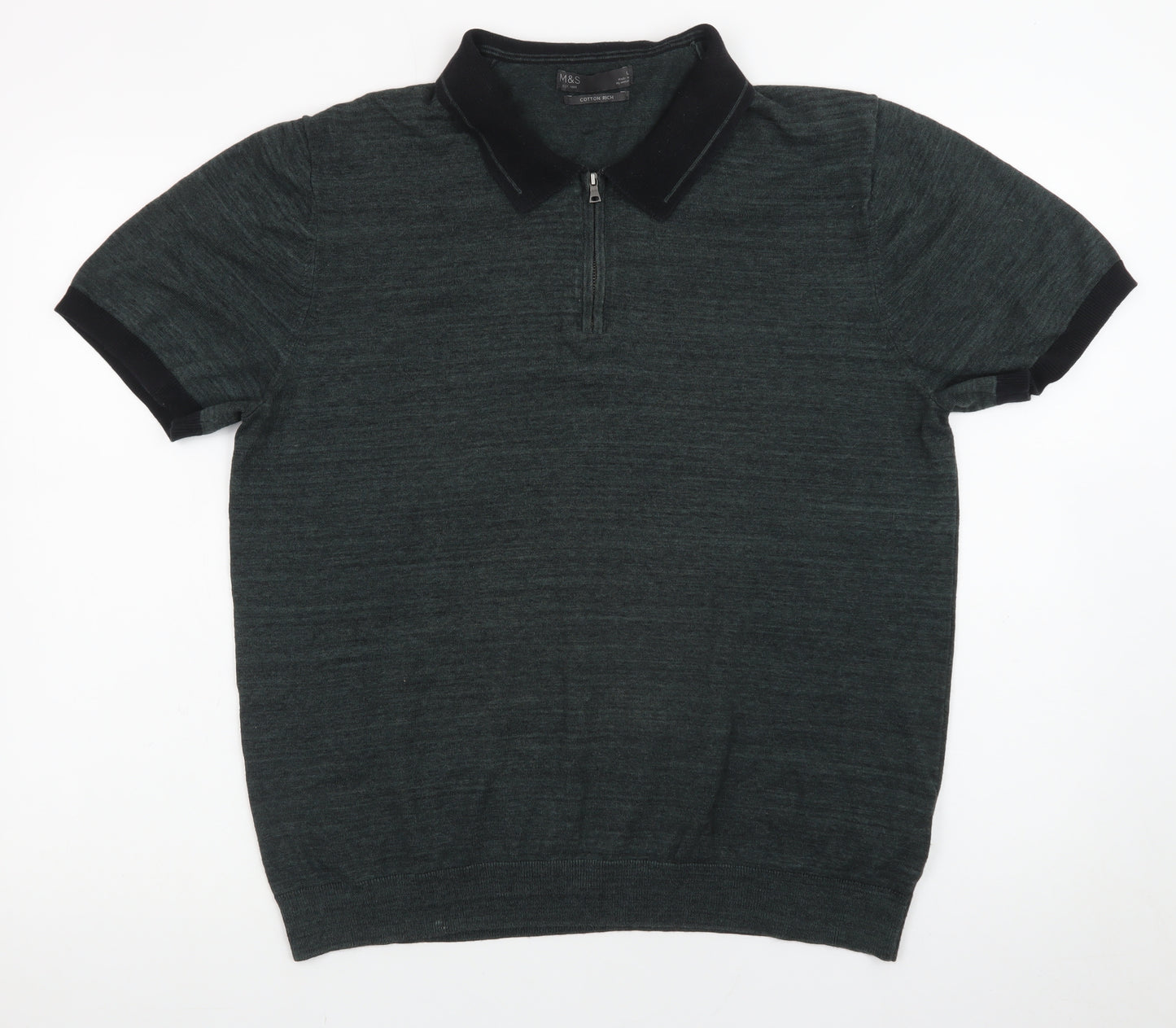Marks and Spencer Men's Green XL Zip Neck Cotton Polo Shirt