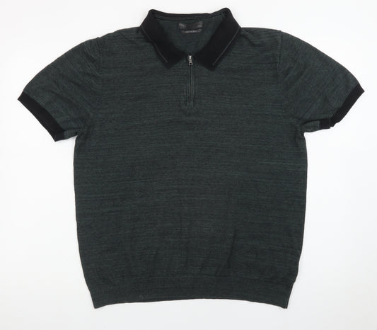 Marks and Spencer Men's Green XL Zip Neck Cotton Polo Shirt