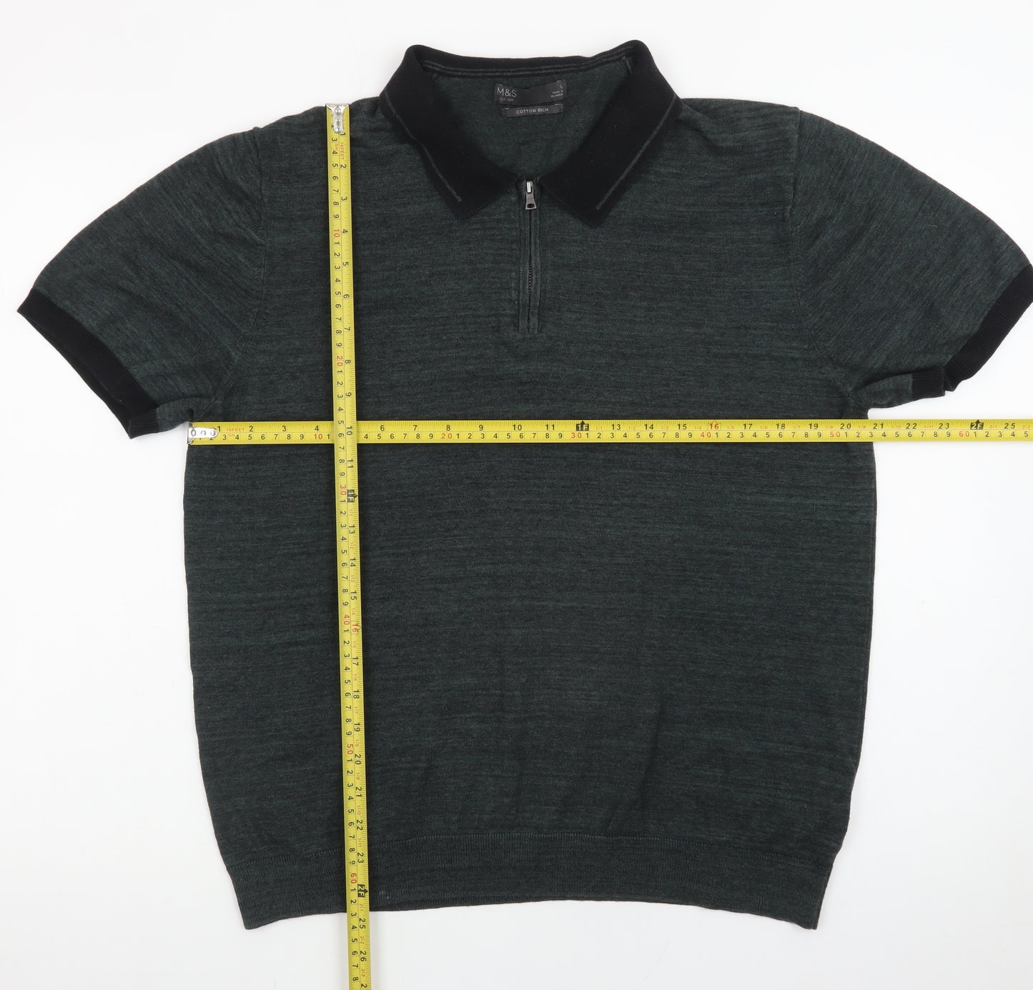 Marks and Spencer Men's Green XL Zip Neck Cotton Polo Shirt