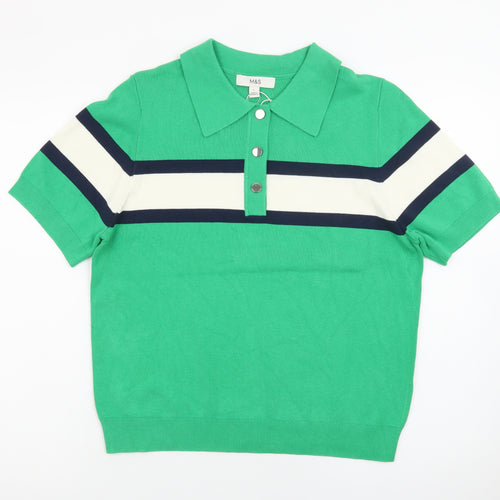 Marks and Spencer Men's Green Colourblock Knit Polo Shirt L