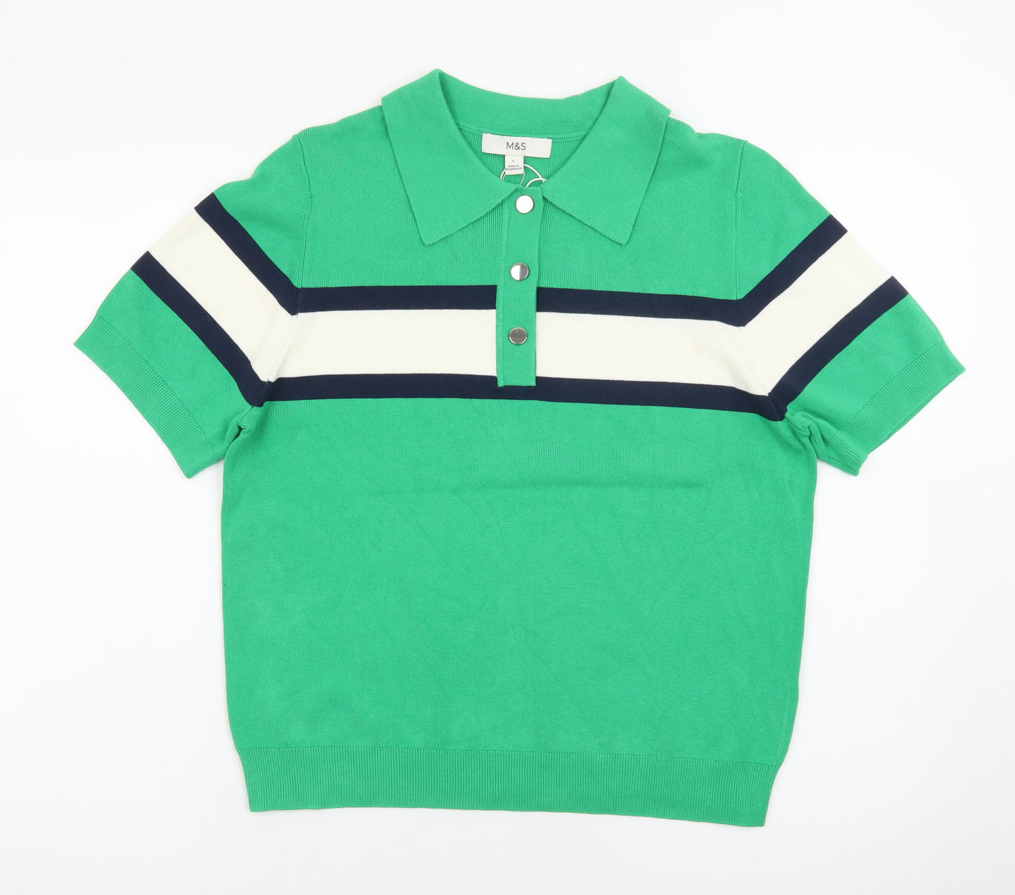 Marks and Spencer Men's Green Colourblock Knit Polo Shirt L