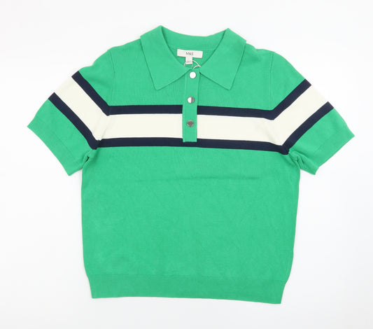 Marks and Spencer Men's Green Colourblock Knit Polo Shirt L