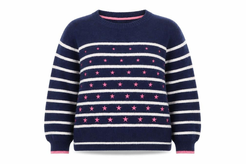 Front view of Khost women’s blue striped star embroidered jumper, size UK 12