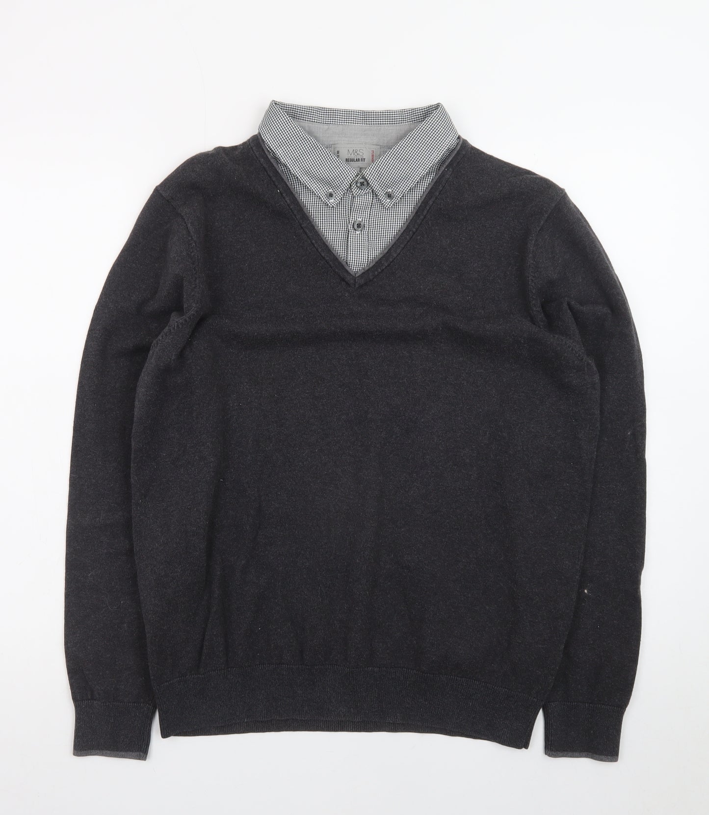 Marks and Spencer Men's Grey V-Neck Regular Fit Jumper M