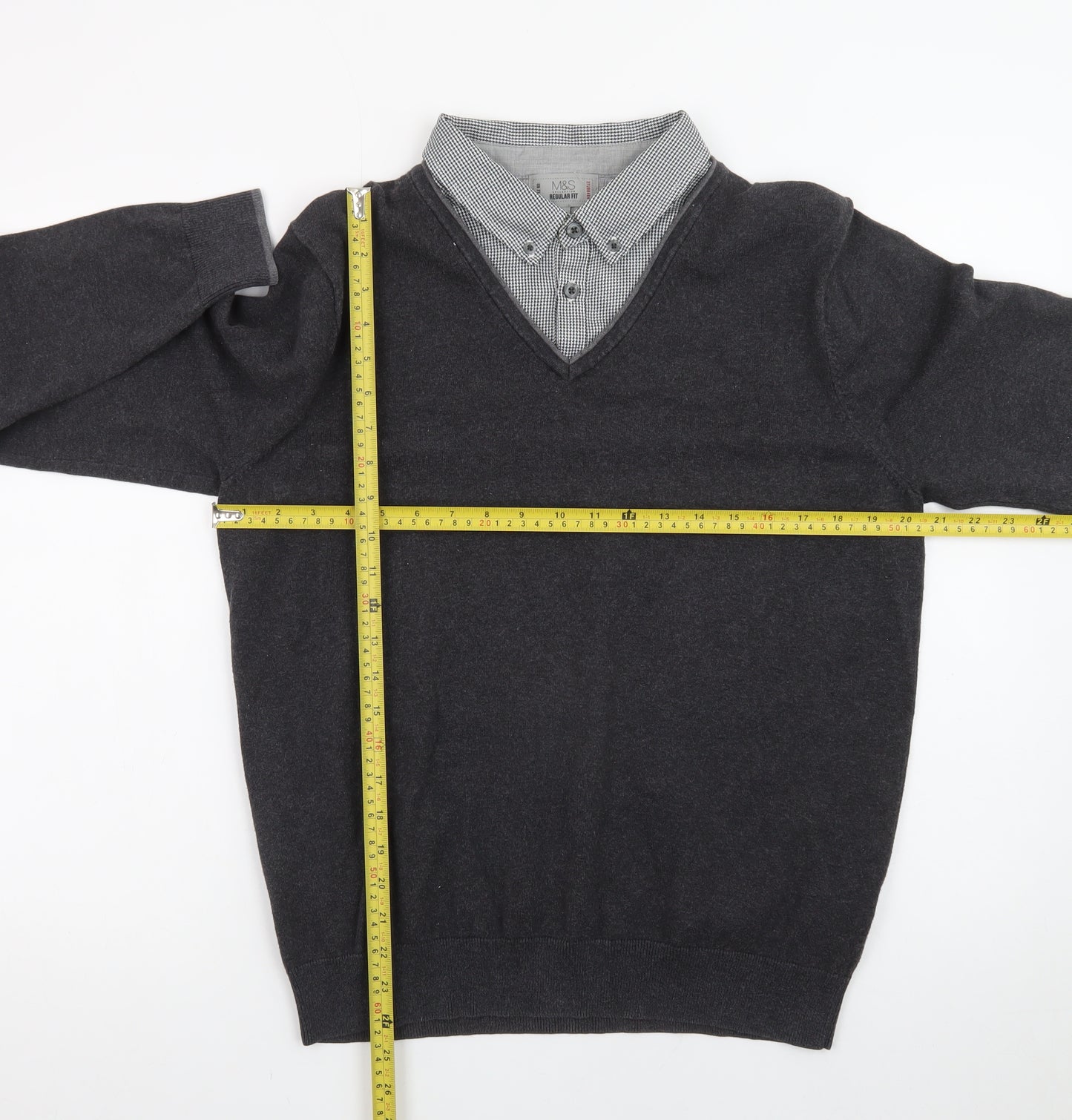 Marks and Spencer Men's Grey V-Neck Regular Fit Jumper M