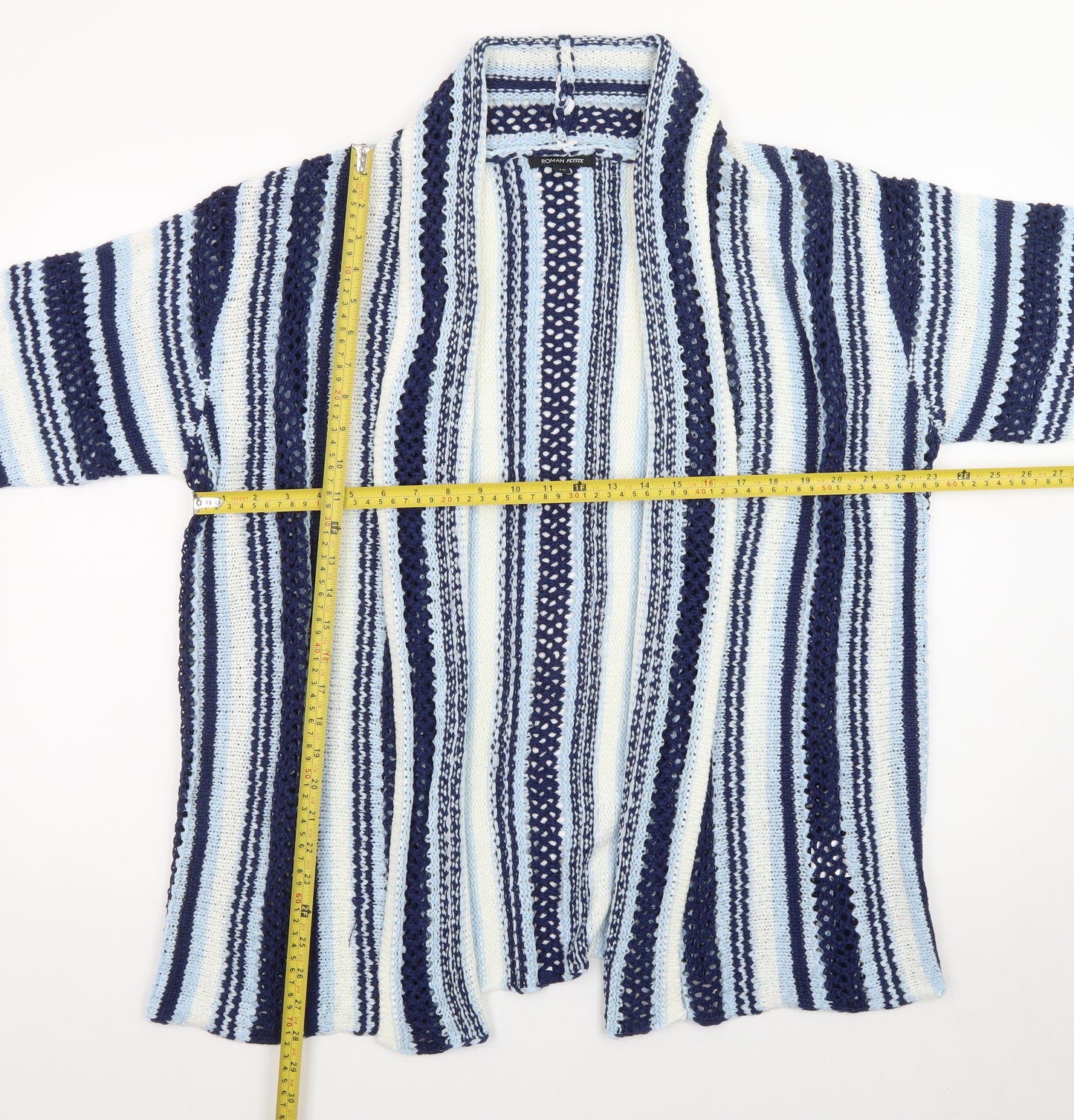 Roman Petite Blue Striped Knit Cardigan Women Size 16