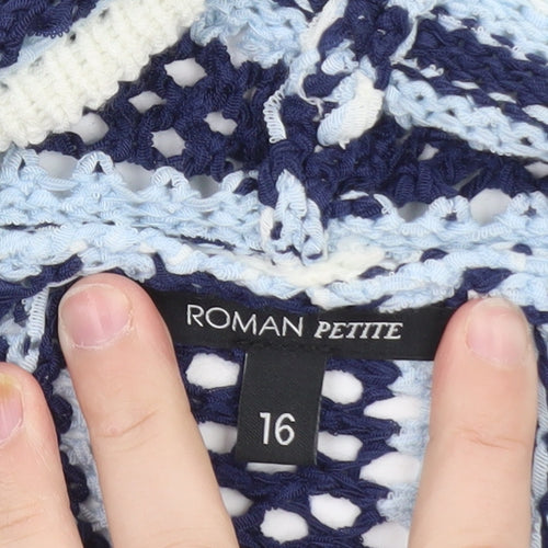 Roman Petite Blue Striped Knit Cardigan Women Size 16