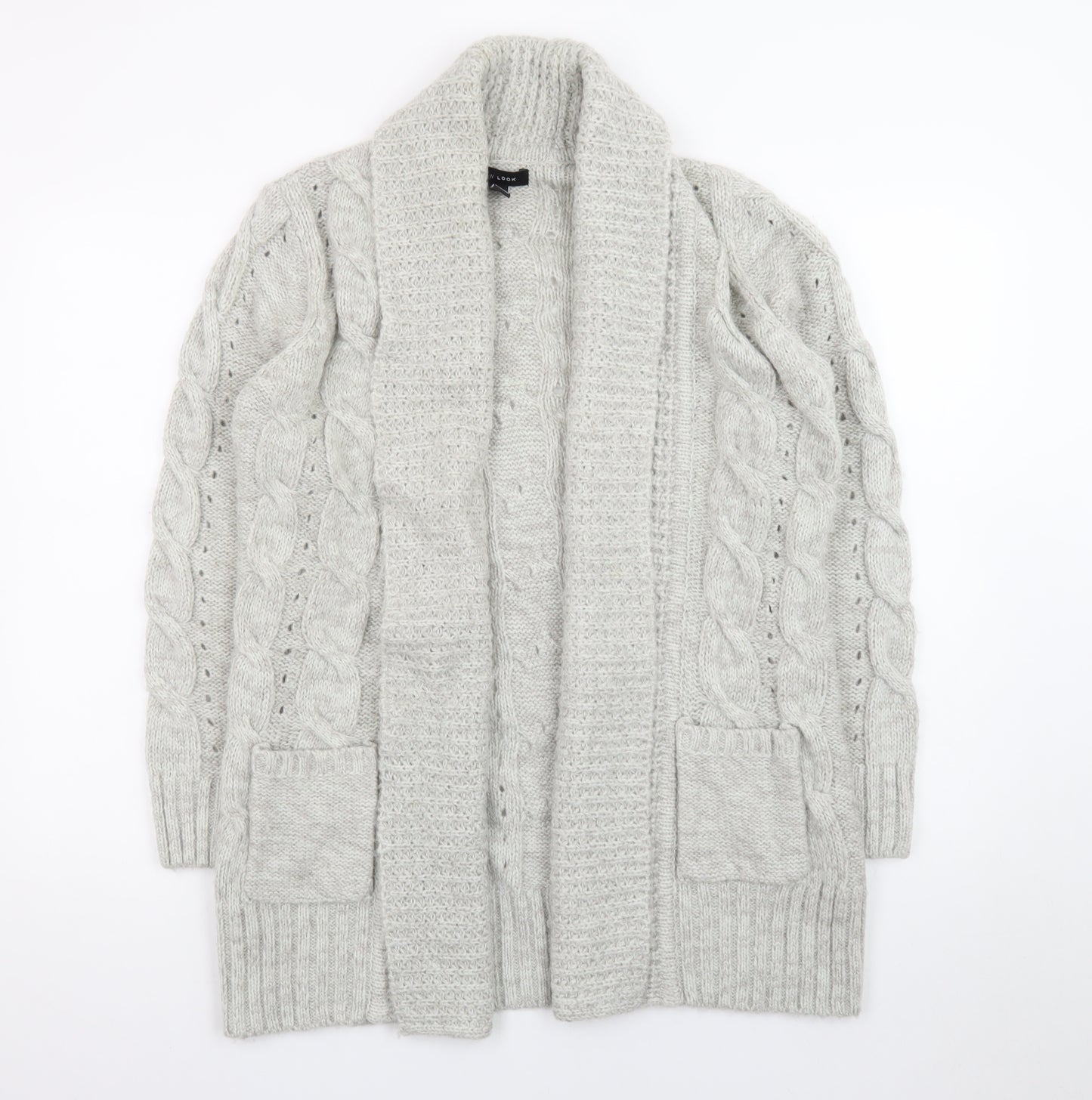 New Look Women Grey Cable-Knit Long Sleeve Open Cardigan Size 12