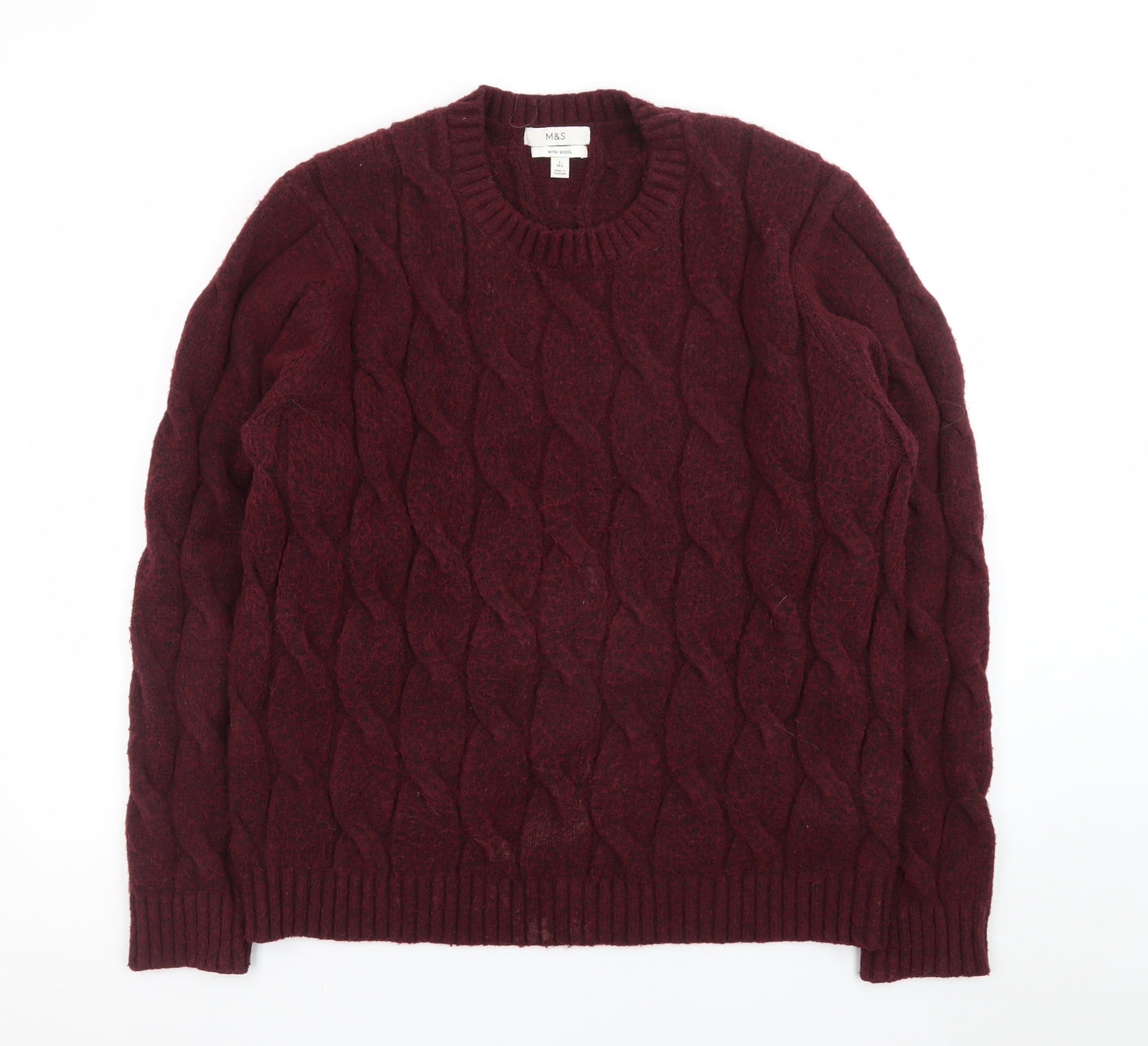 Marks and Spencer Men's Red Wool Blend Cable-Knit Jumper L Regular