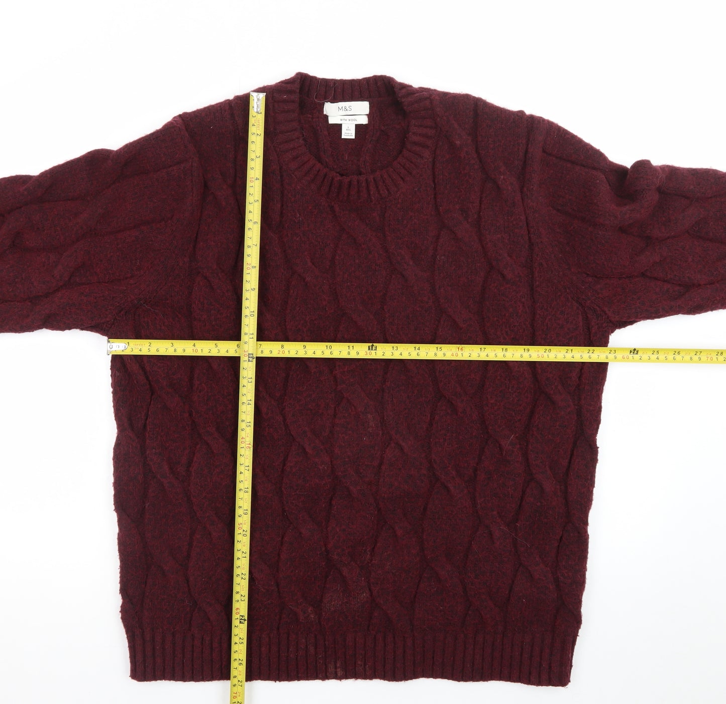 Marks and Spencer Men's Red Wool Blend Cable-Knit Jumper L Regular