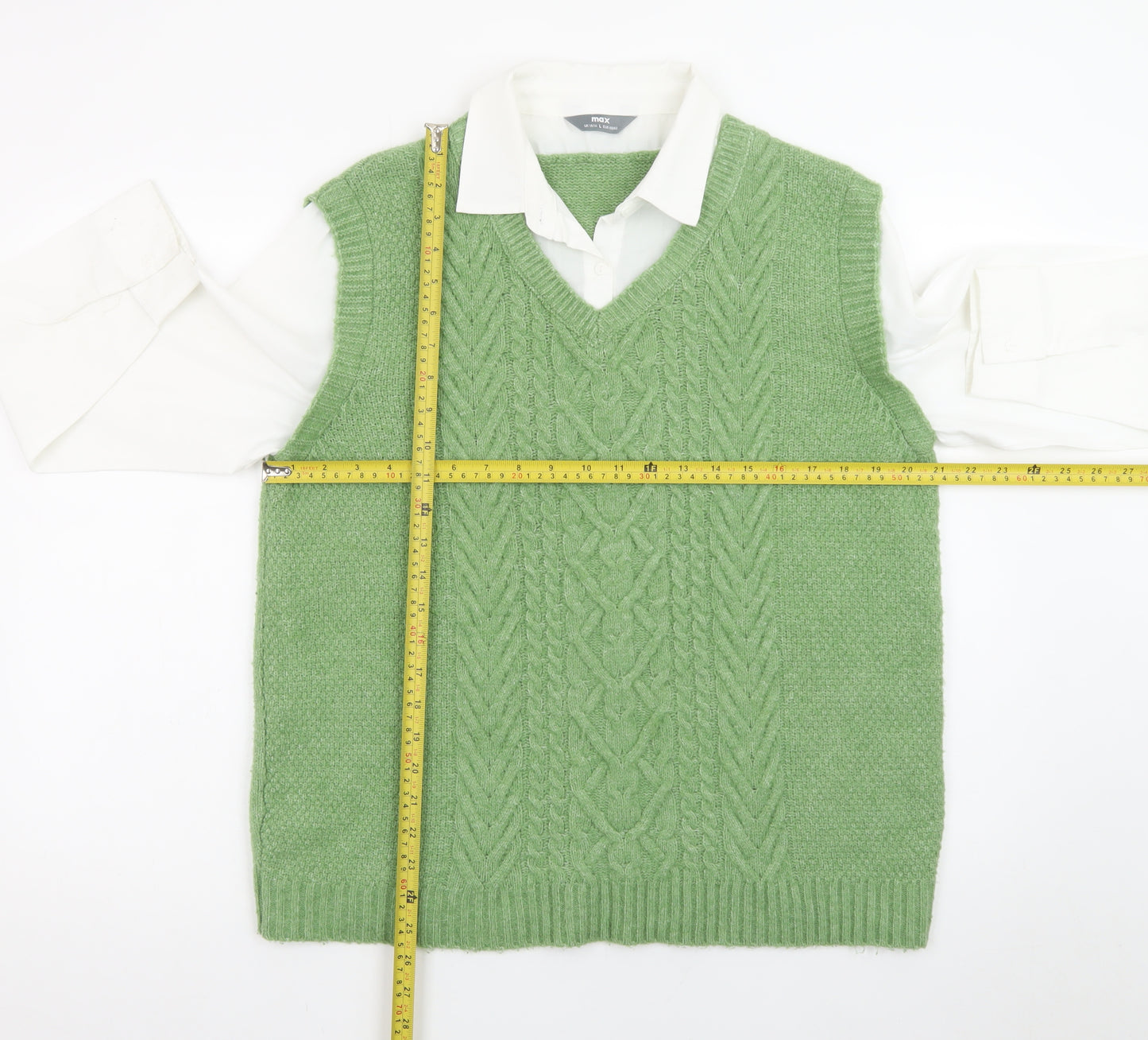 Max Women’s Green Cable-Knit Sleeveless V-Neck Jumper Vest L 14/16
