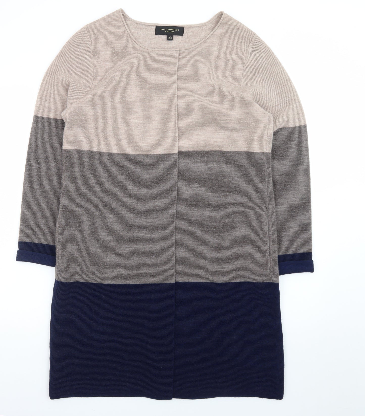 Paul Costelloe Women Beige Grey Navy Colour Block Long Cardigan UK 14