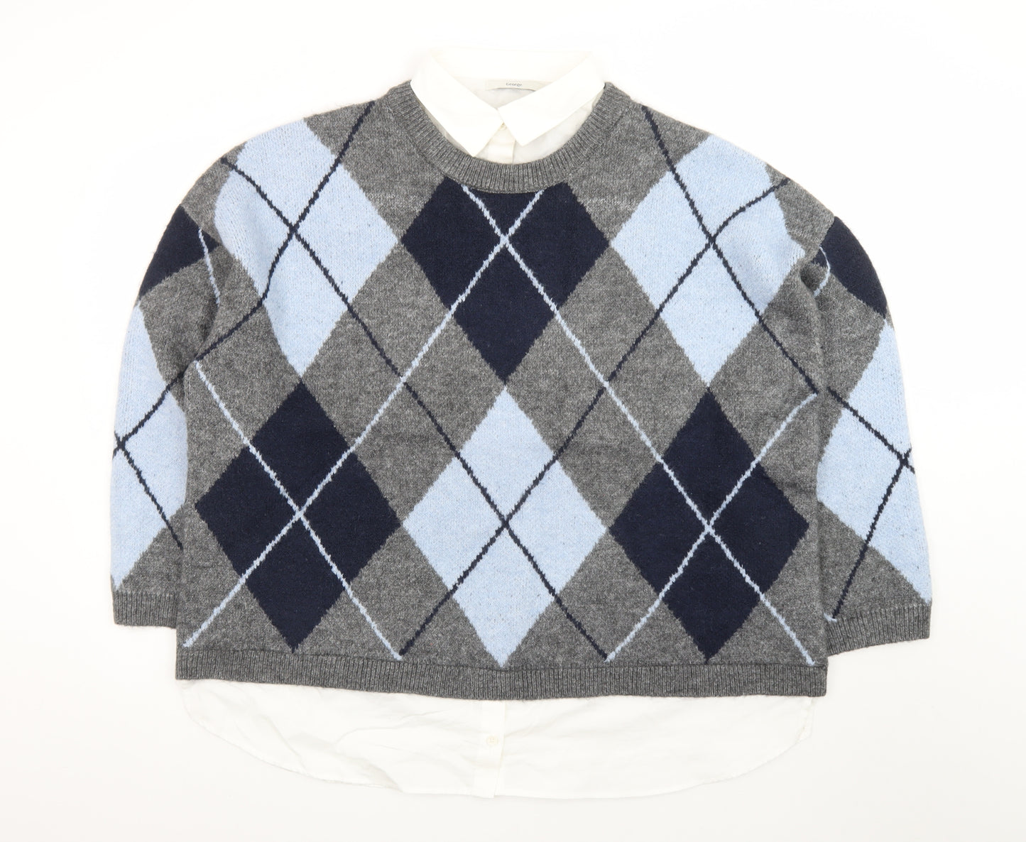 George Women's Grey Argyle Crew Neck Wool Blend Jumper XL