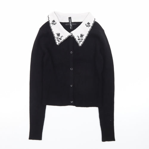 Extra Me Women's Black Cardigan S/M Embroidered Collar Long Sleeve Knit