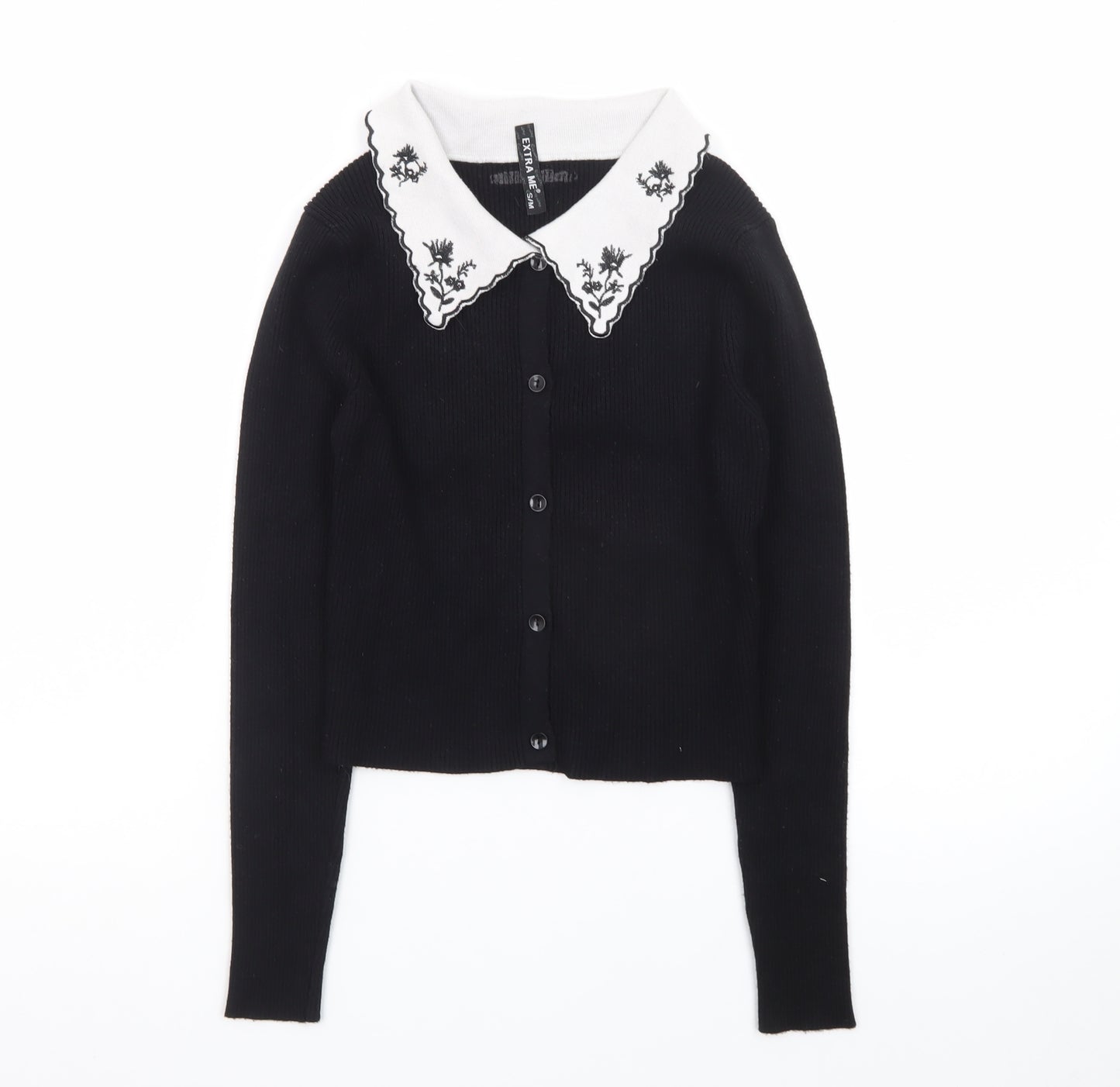 Extra Me Women's Black Cardigan S/M Embroidered Collar Long Sleeve Knit