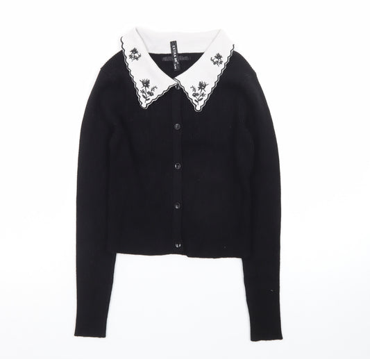 Extra Me Women's Black Cardigan S/M Embroidered Collar Long Sleeve Knit